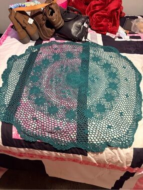 Vintage Teal Crochet Lace Shawl/Table Overlay